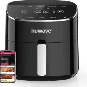 Nuwave Brio Plus 에어 프라이어 7.6L(8쿼트), 새롭게 개선된 PFAS 프리, 에어 프라이, 베이킹, 로스트, 탈수, 토스트, 재가열, 예열, 150가지 프리셋, 10°C~204.4°C(50°F~400°F), 700/1500/1800W
